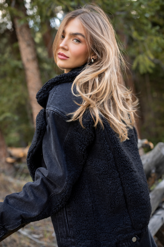 Picking Sides Black Wash Sherpa Detail Oversized Denim Jacket