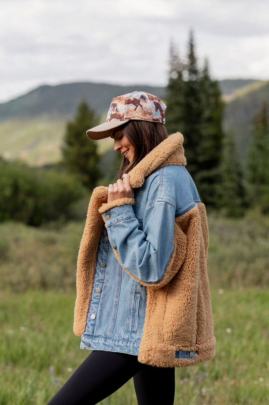 Picking Sides Medium Wash Sherpa Detail Oversized Denim Jacket SALE