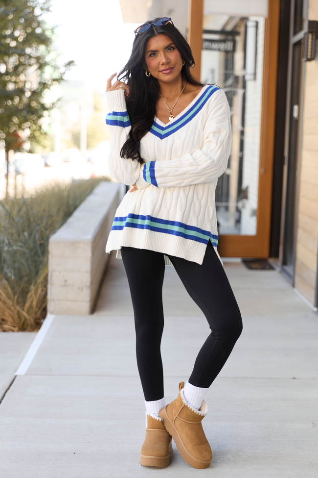 Paris Blue And Green Varsity Stripe Cable Knit V-neck Pullover FINAL SALE