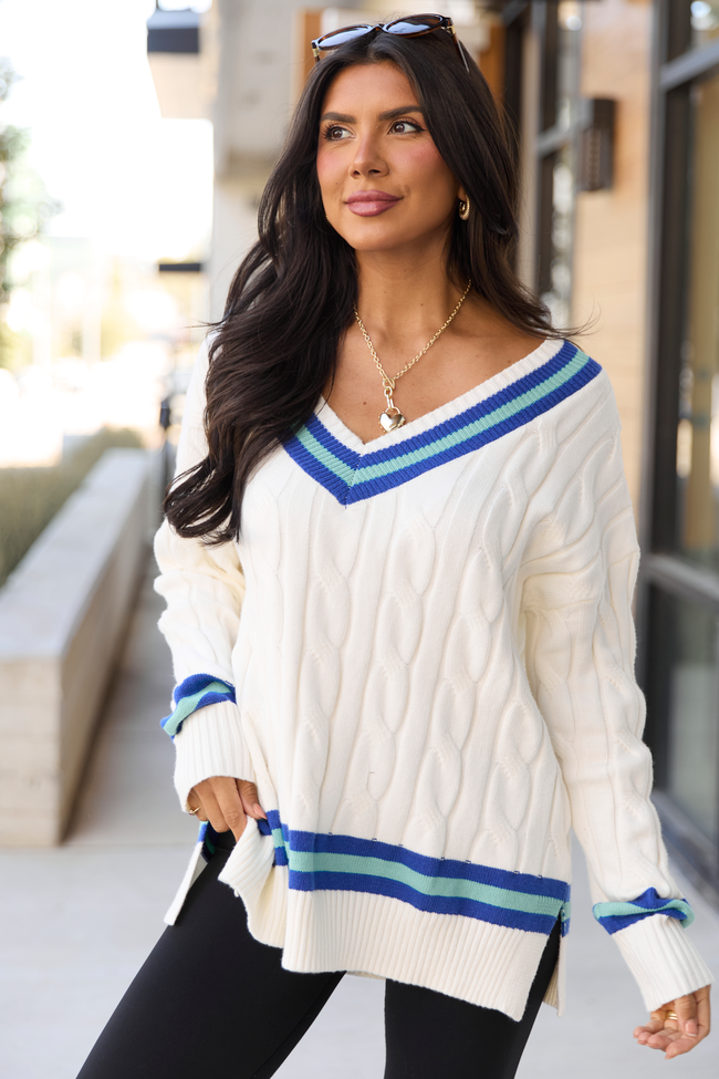 Paris Blue And Green Varsity Stripe Cable Knit V-neck Pullover FINAL SALE