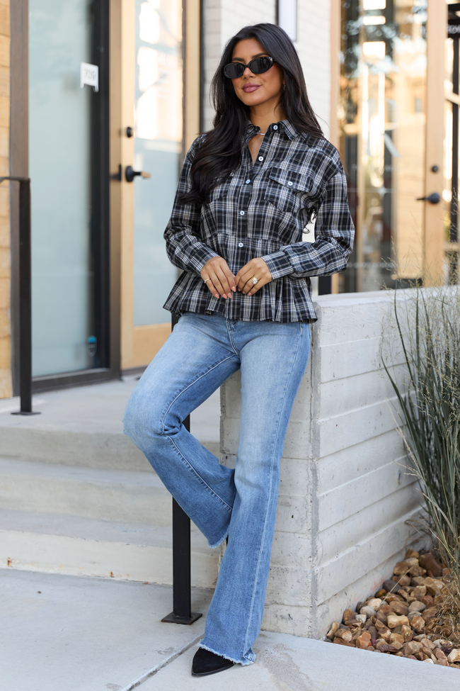 Yara Black Plaid Peplum Top SALE