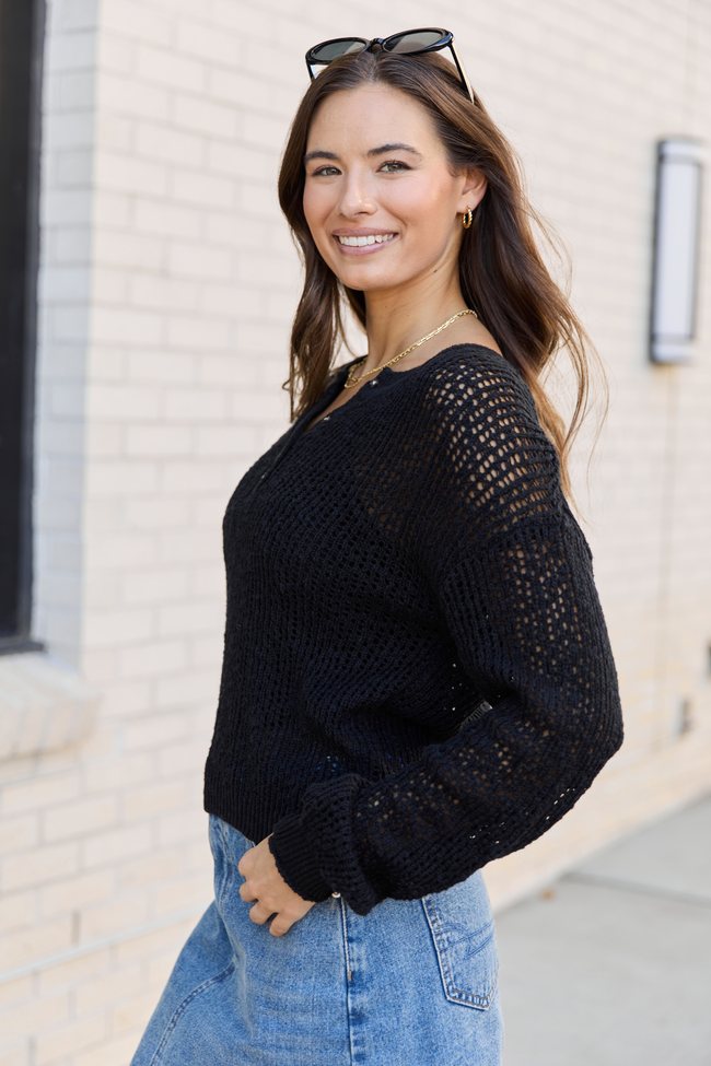 Lotus Long Sleeve Black Open Knit Henley Sweater FINAL SALE