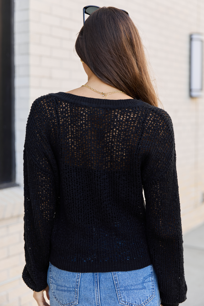 Lotus Long Sleeve Black Open Knit Henley Sweater FINAL SALE