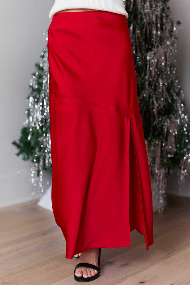 Lumi Red Satin Slit Maxi Skirt FINAL SALE