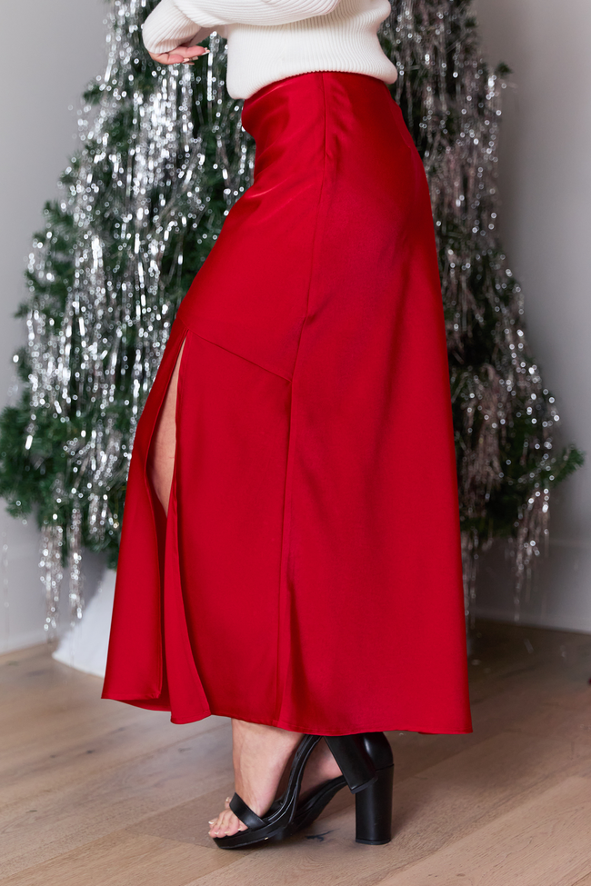 Lumi Red Satin Slit Maxi Skirt FINAL SALE