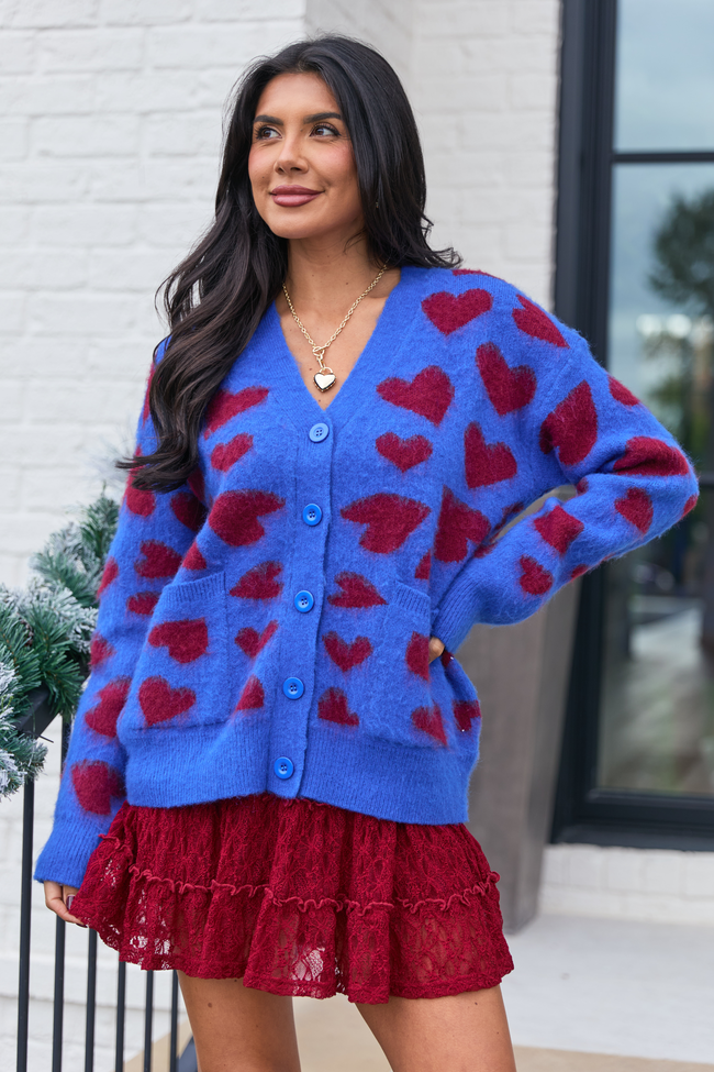 Frances Blue And Red Heart Cardigan SALE