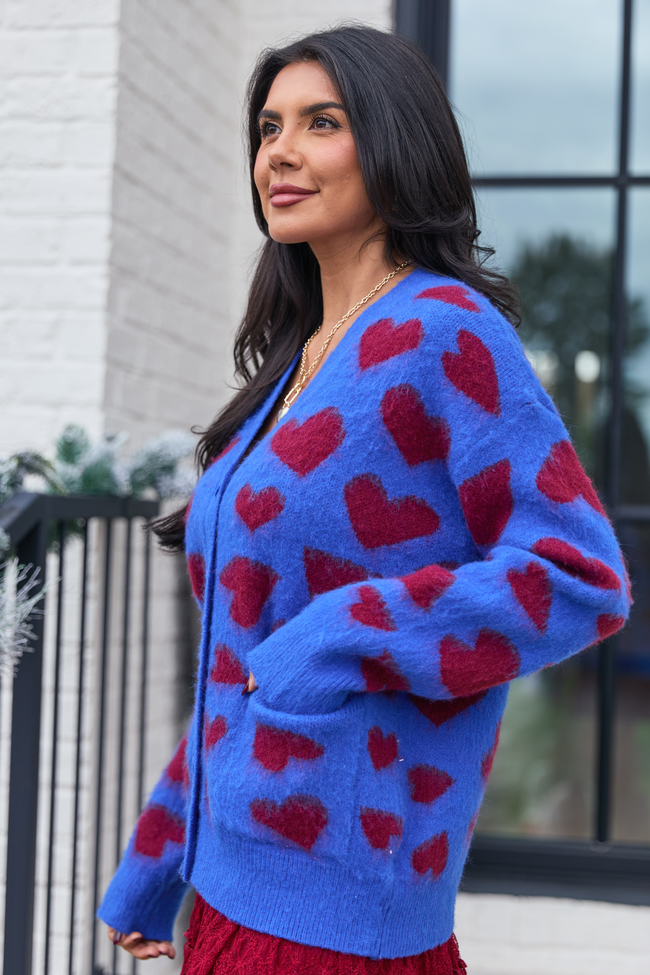 Frances Blue And Red Heart Cardigan SALE