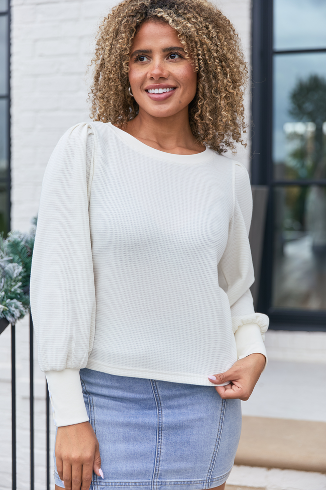 Brook Ivory Waffle Knit Puff Sleeve Top