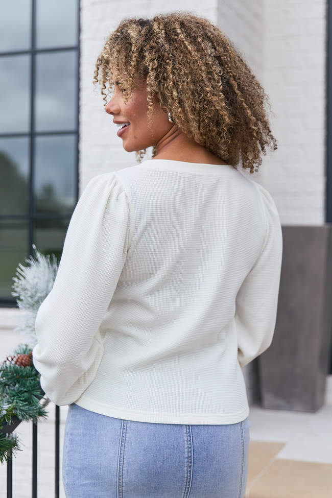 Brook Ivory Waffle Knit Puff Sleeve Top