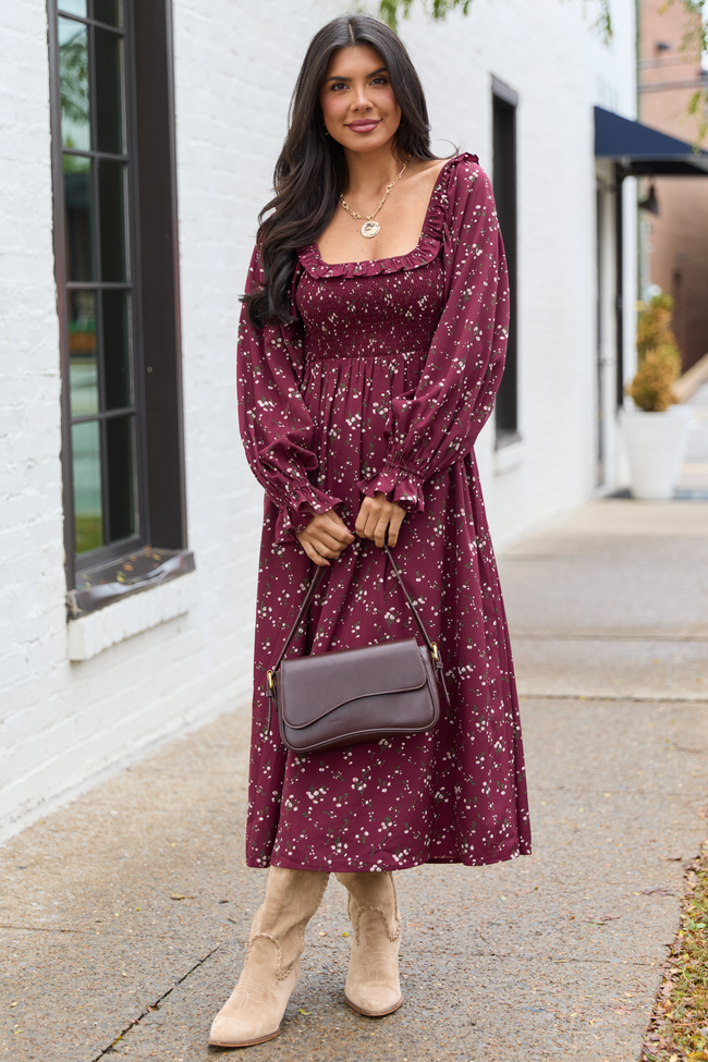 Yasmin Ruffle Smocked Top Burgundy Floral Maxi Dress