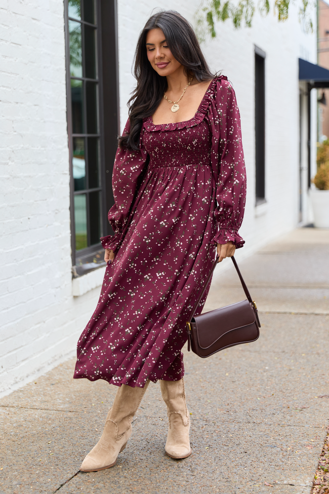 Yasmin Ruffle Smocked Top Burgundy Floral Maxi Dress