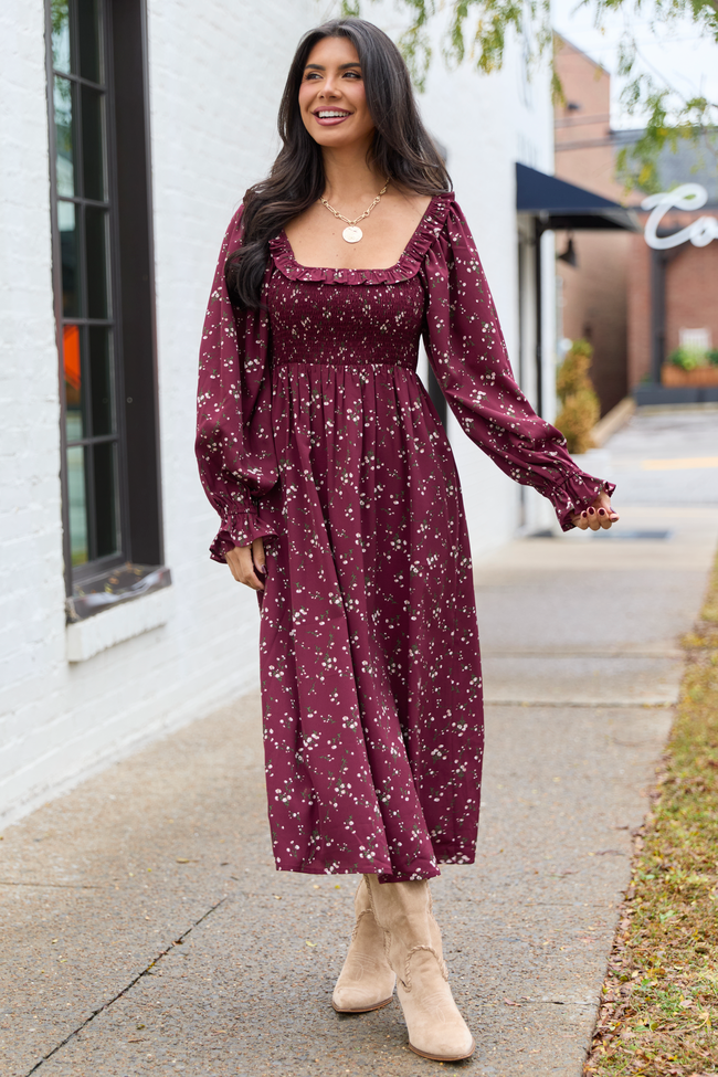 Yasmin Ruffle Smocked Top Burgundy Floral Maxi Dress