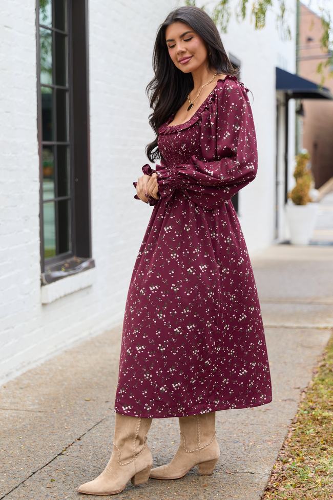 Yasmin Ruffle Smocked Top Burgundy Floral Maxi Dress