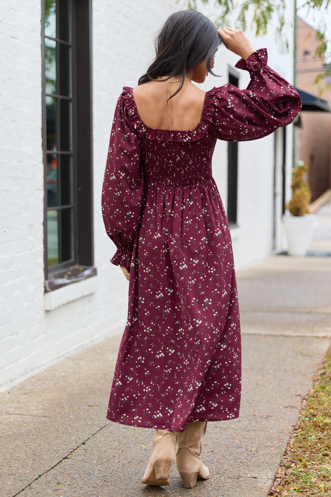 Yasmin Ruffle Smocked Top Burgundy Floral Maxi Dress