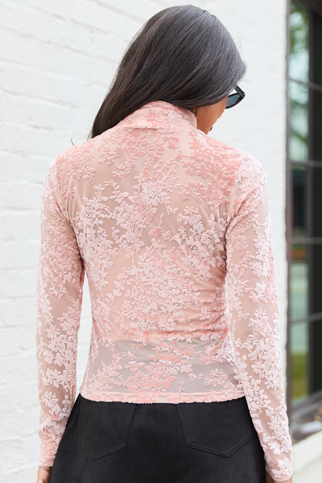 Lux Pink Applique Mesh Turtleneck Top