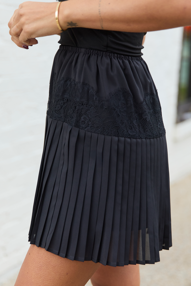 Paityn Black Pleated Satin Lace Skirt