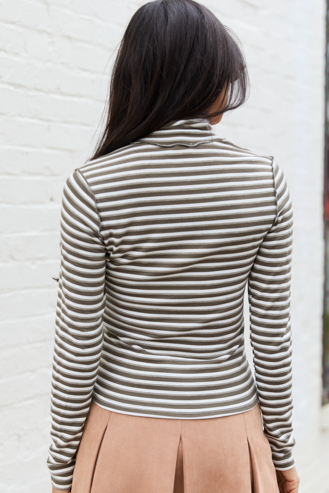 Mabry Olive Striped Long Sleeve Mock Neck Top