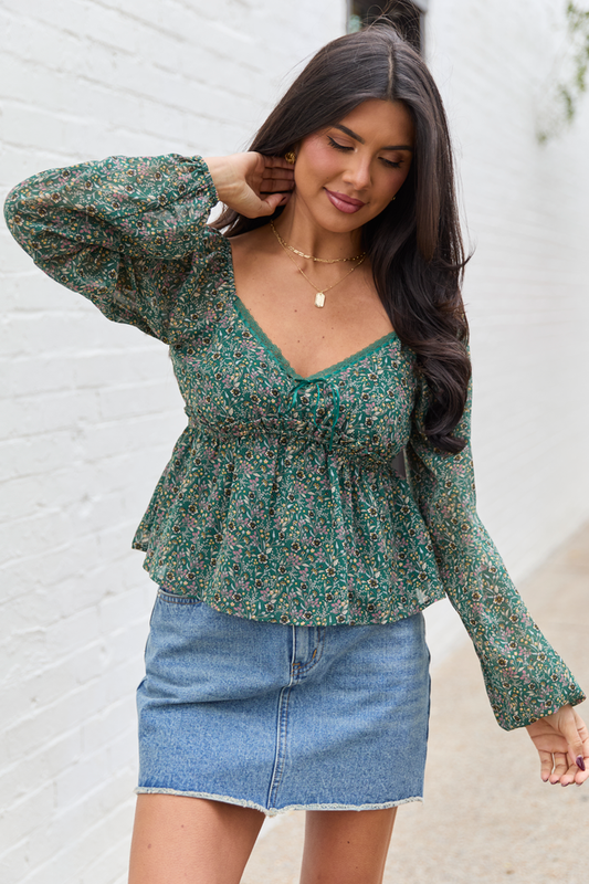 Kileigh Green Floral Long Sleeve Babydoll Top