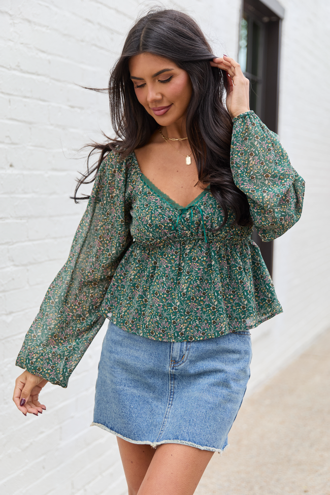 Kileigh Green Floral Long Sleeve Babydoll Top
