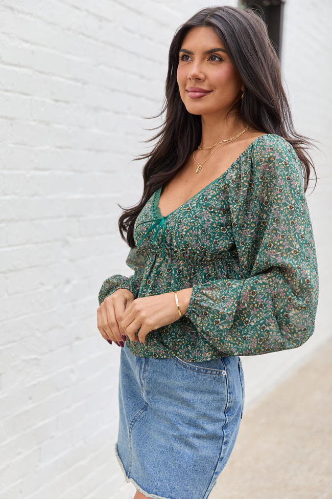 Kileigh Green Floral Long Sleeve Babydoll Top