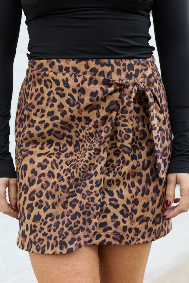 Elena Leopard Print Faux Leather Wrap Skirt