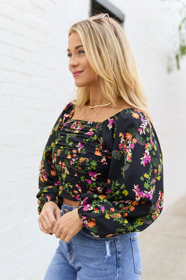 Mally Black Floral Ruched Off The Shoulder Top