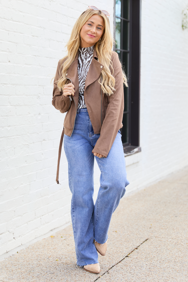 Elodie Cocoa Faux Suede Moto Jacket