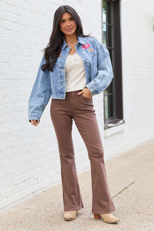 Adler Brown Stretch Split Flare Leg Jeans