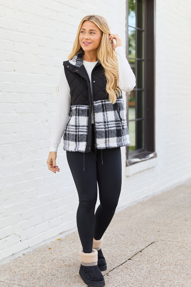 Tasha Black and White Plaid Sherpa Quilted Vest SALE