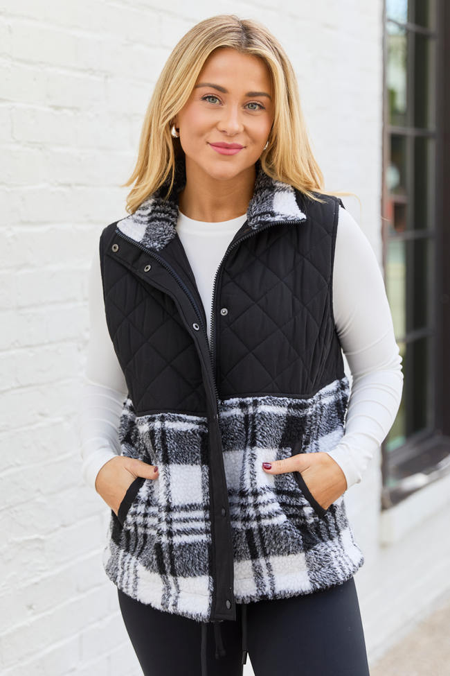 Tasha Black and White Plaid Sherpa Quilted Vest SALE