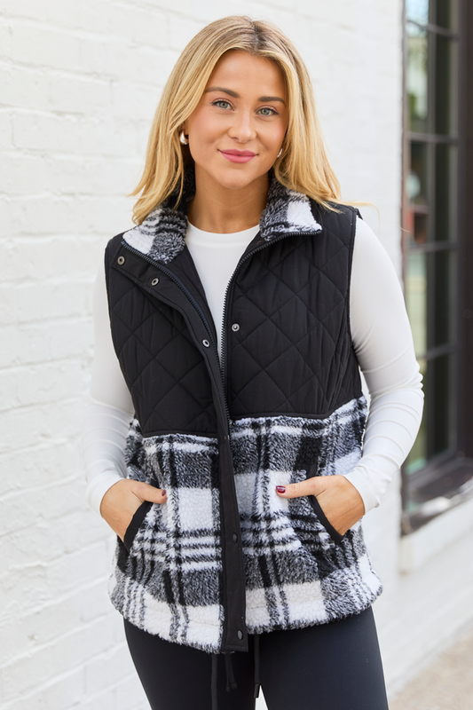 Tasha Black and White Plaid Sherpa Quilted Vest SALE