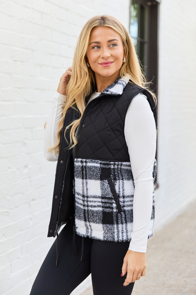 Tasha Black and White Plaid Sherpa Quilted Vest SALE