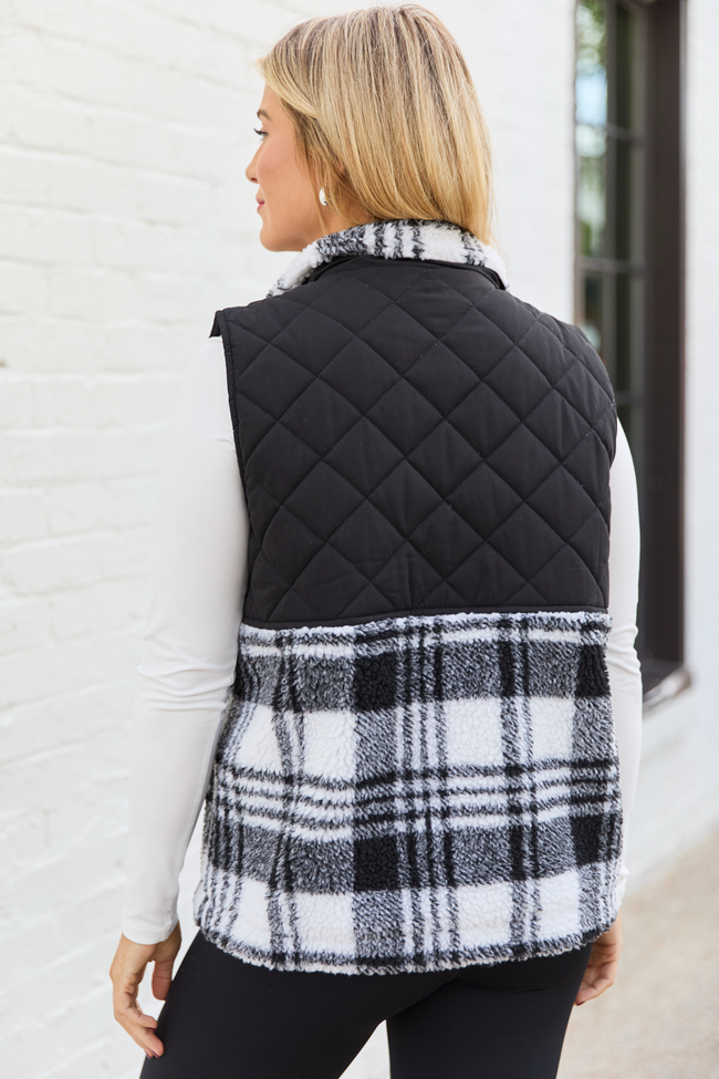 Tasha Black and White Plaid Sherpa Quilted Vest SALE