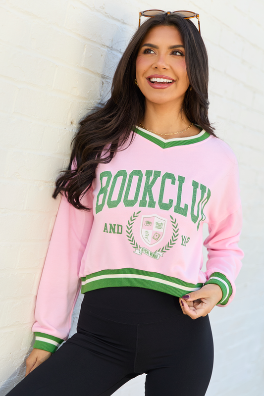 Book Club Pink and Green Cropped Graphic Sweatshirt