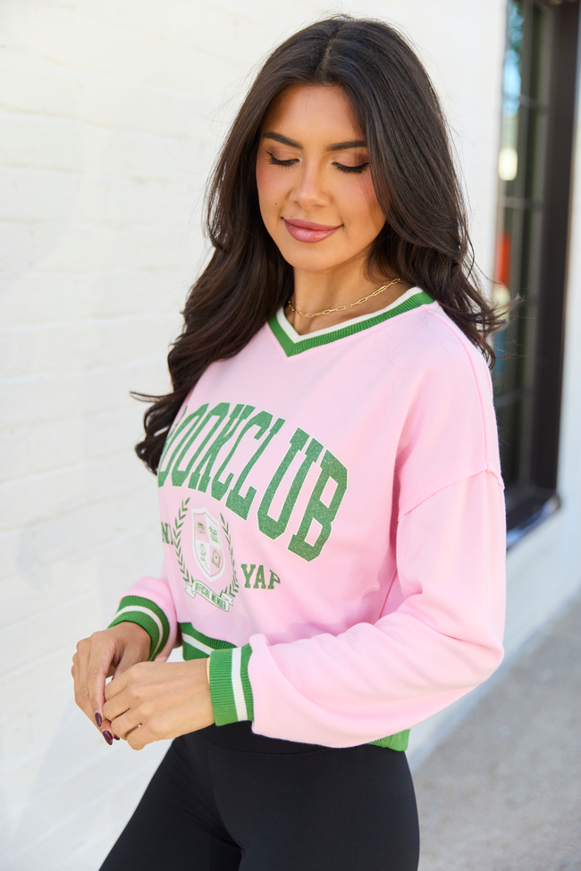Book Club Pink and Green Cropped Graphic Sweatshirt