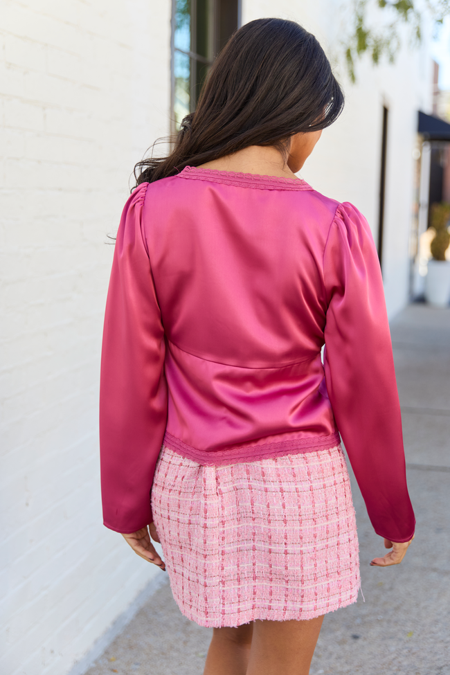 Odette Satin Berry Long Sleeve Tie Front Top