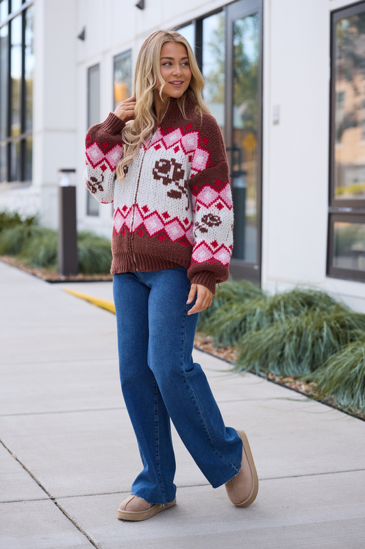 Ariana Brown And Pink Rose Fair Isle Full Zip Sweater SALE