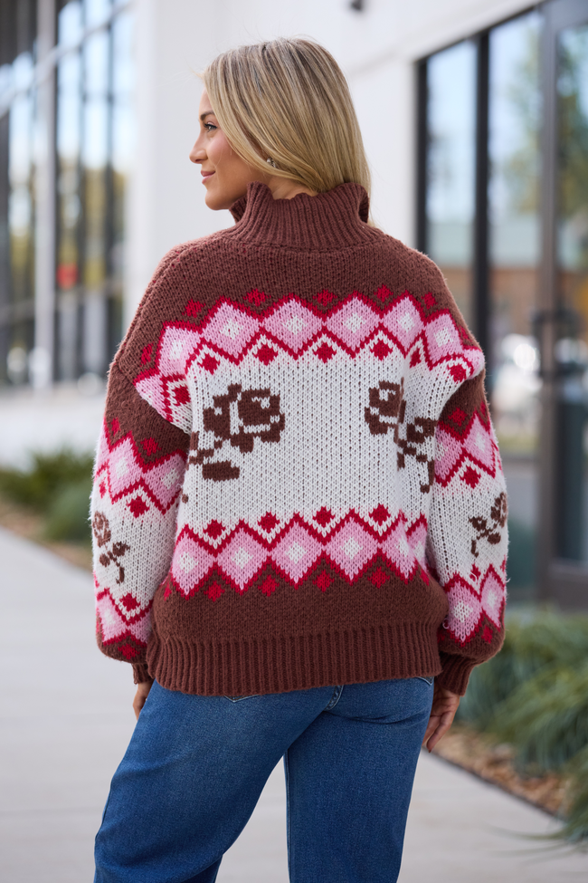 Ariana Brown And Pink Rose Fair Isle Full Zip Sweater SALE