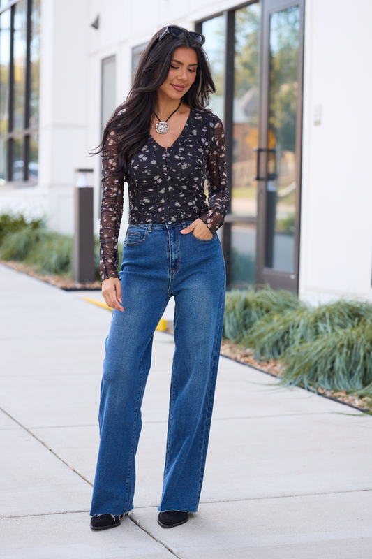 Saniya Black Floral Mesh V-Neck Top