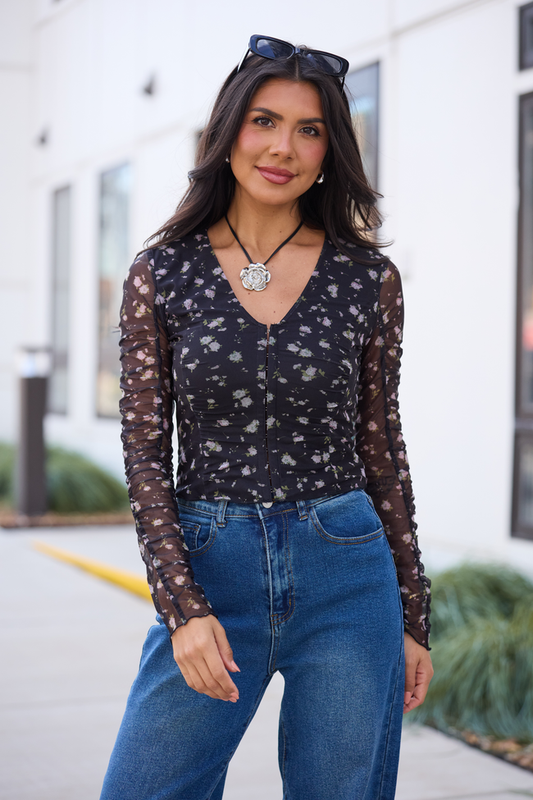 Saniya Black Floral Mesh V-Neck Top