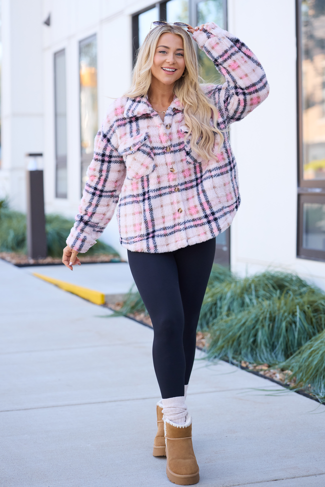 Didi Pink Plaid Sherpa Button Up Shacket