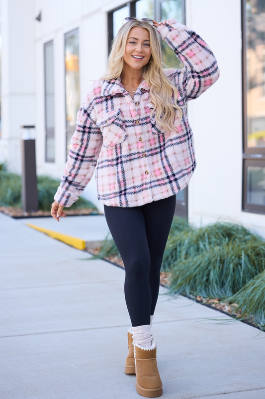Didi Pink Plaid Sherpa Button Up Shacket