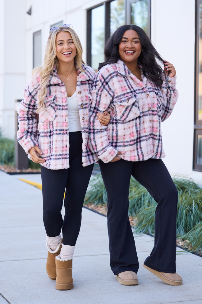 Didi Pink Plaid Sherpa Button Up Shacket