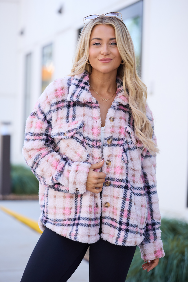 Didi Pink Plaid Sherpa Button Up Shacket