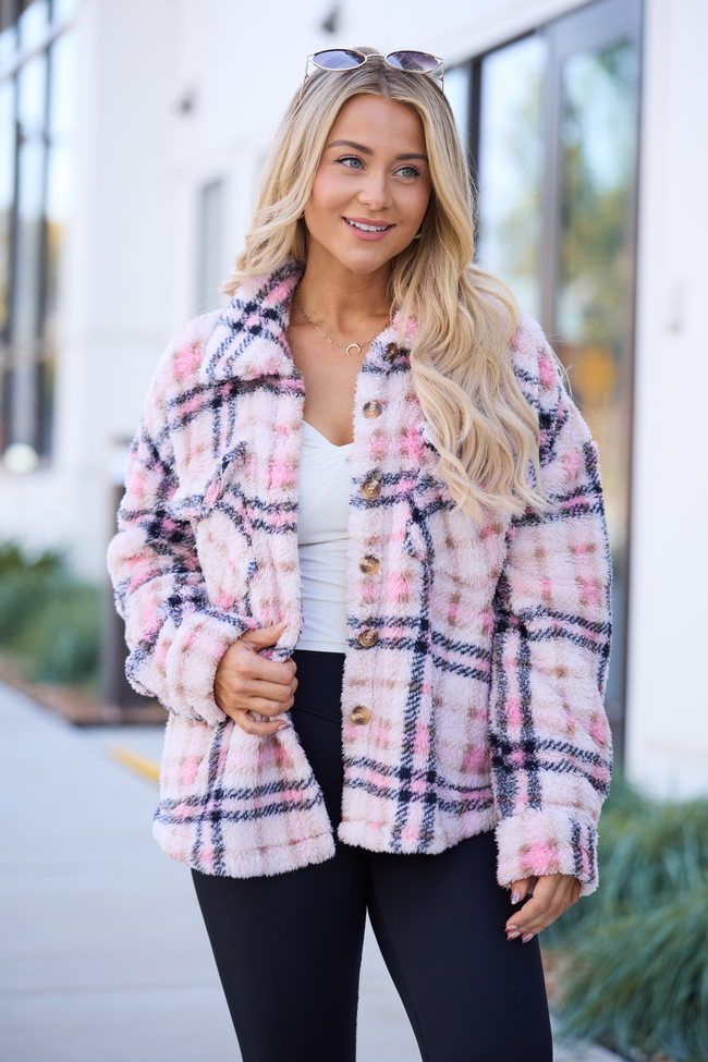 Didi Pink Plaid Sherpa Button Up Shacket
