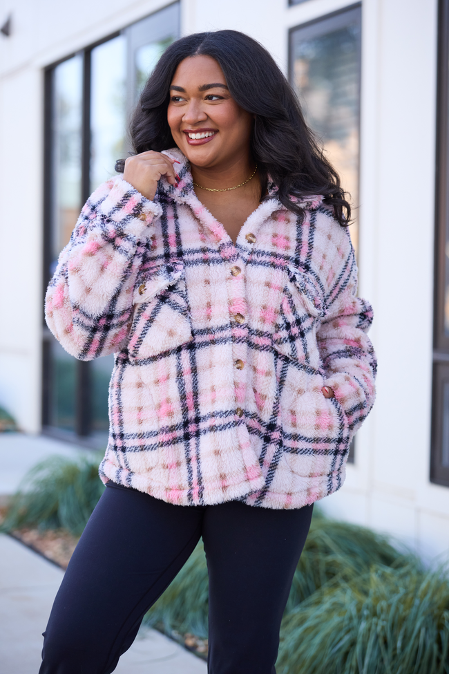 Didi Pink Plaid Sherpa Button Up Shacket