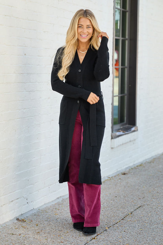 Norah Black Button Down with Tie Long Cardigan SALE