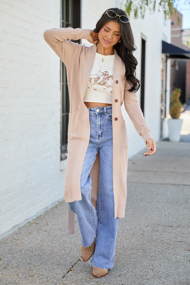 Norah Taupe Button Down With Tie Long Cardigan SALE
