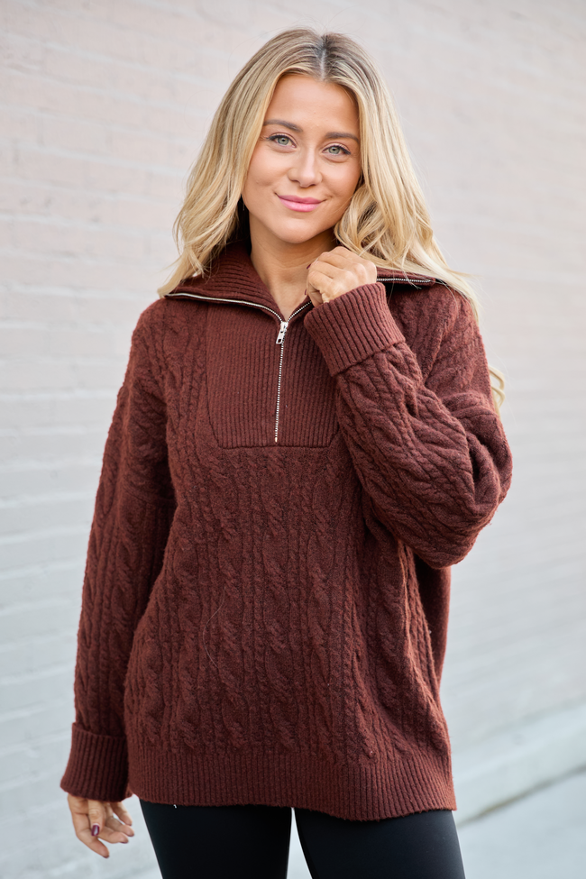 Chismer Brown Cable Knit Zip Up Sweater SALE