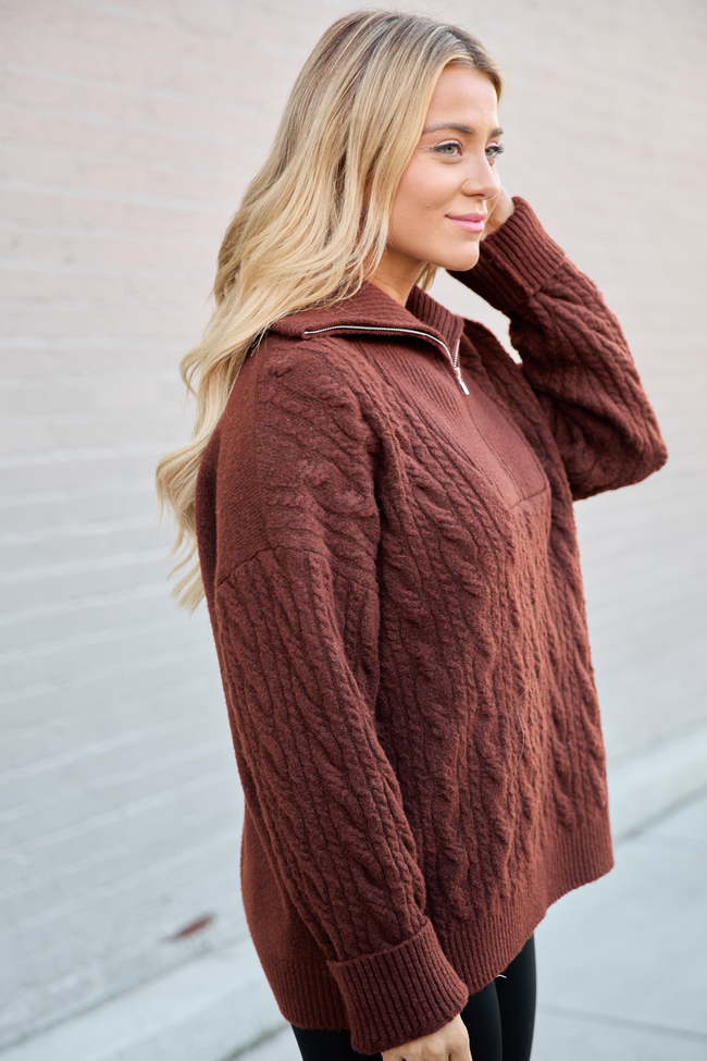 Chismer Brown Cable Knit Zip Up Sweater SALE